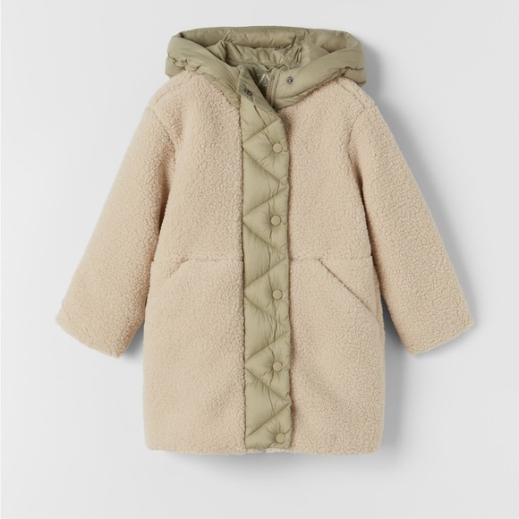 Zara Kids Contrasting Faux Shearling Coat - Picture 1 of 10